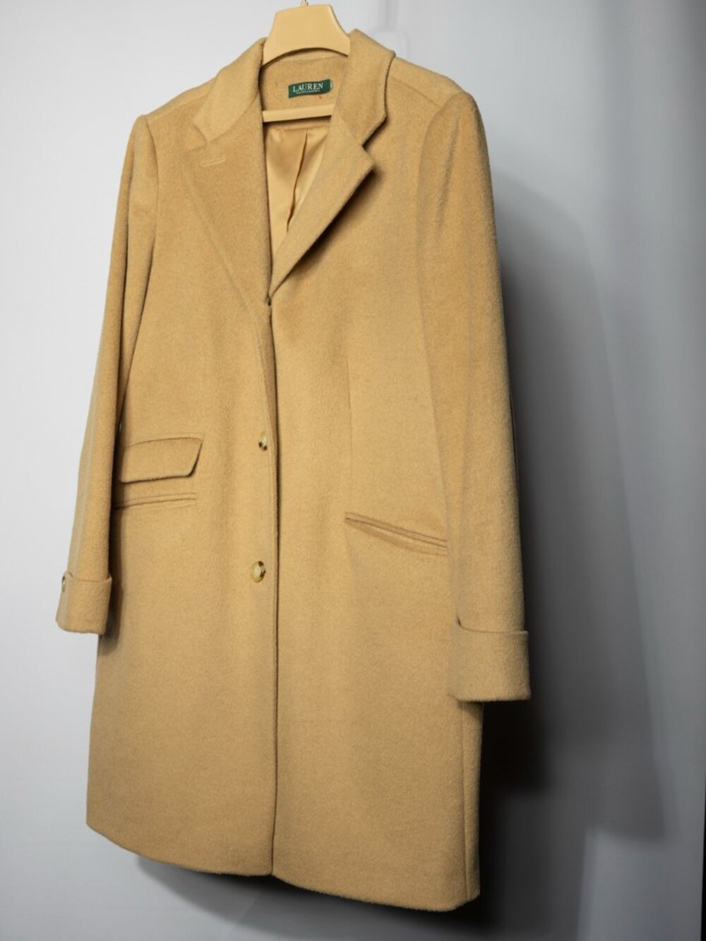 Lauren Ralph Lauren Camel Wool Coat Single Breasted Gold Buttons Lined Size 16